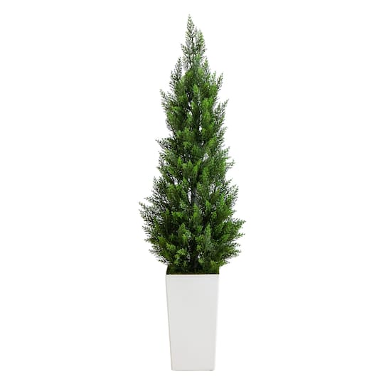 56" UV Resistant Artificial Cedar Tree in White Tower Planter (Indoor/Outdoor)